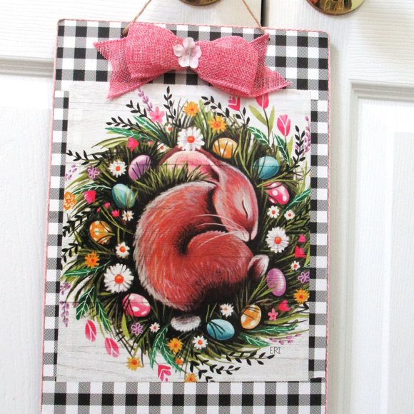 Hand Crafted Other - NEW Farmhouse EASTER bunny buffalo check hanging decoration sign 13.5" X 9.5"